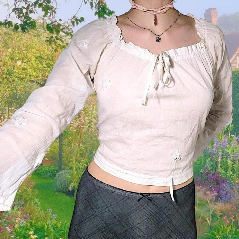 90s Vintage Cottage Forest Fairy Coquette White Floral Balletcore Blouse